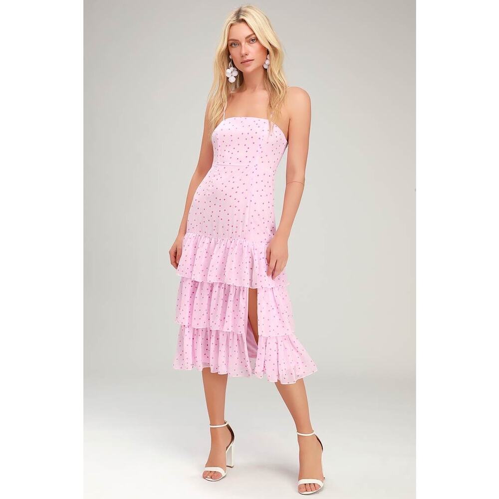 NWT Lulus Nellie Pink Polka Dot Ruffled Tiered Midi Dress XL